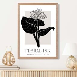 ARTZE Lotus Flower in Black & Beige Floral Ink Sketch Framed Print SIZE: A3 with Oak Frame - Size: A2 - thumbnail 2