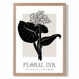 ARTZE Lotus Flower in Black & Beige Floral Ink Sketch Framed Print SIZE: A3 with Oak Frame - Size: A2 - thumbnail 1
