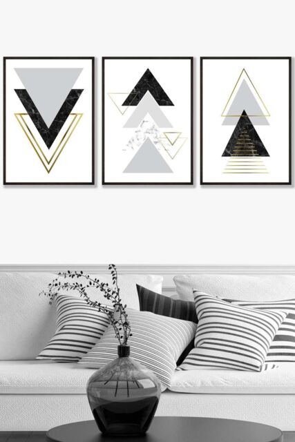 ARTZE Black Grey Geometric Triangle Set Framed Wall Art - Large - Size: W53 cm x H73 cm x D20mm - image 1