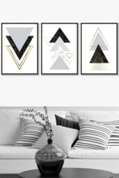 ARTZE Black Grey Geometric Triangle Set Framed Wall Art - Large - Size: W53 cm x H73 cm x D20mm - thumbnail 1