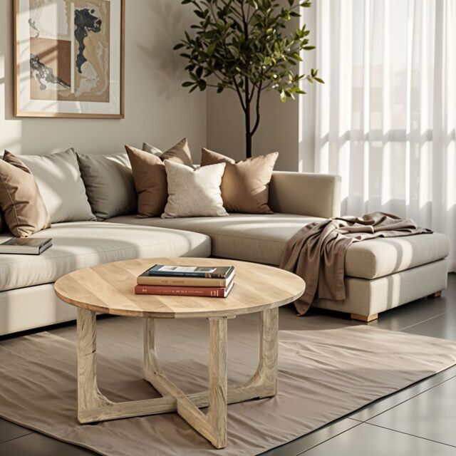 IH Design Bathwick Natural Solid Mango Wooden Round Coffee Table in Light Brown - image 1