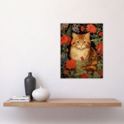 Artery8 Stylish Ginger Striped Kitten Cat Red Amidst The Flowers Floral Design Illustration Unframed Wall Art Print Poster Home Decor Premium - thumbnail 4