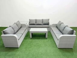 Fimous PE Rattan Lounge Sofa Set 9 Seater Outdoor Garden Furniture Set with Oblong Coffee Table 3 Seater Sofa Side Table Light Grey - thumbnail 2