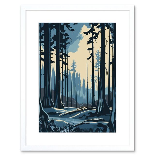 "Artery8 Wall Art Print Taiga Boreal Forest Winter Landscape Artwork Framed 9X7 Inch in White - Size: W7"" x H9""" - image 1
