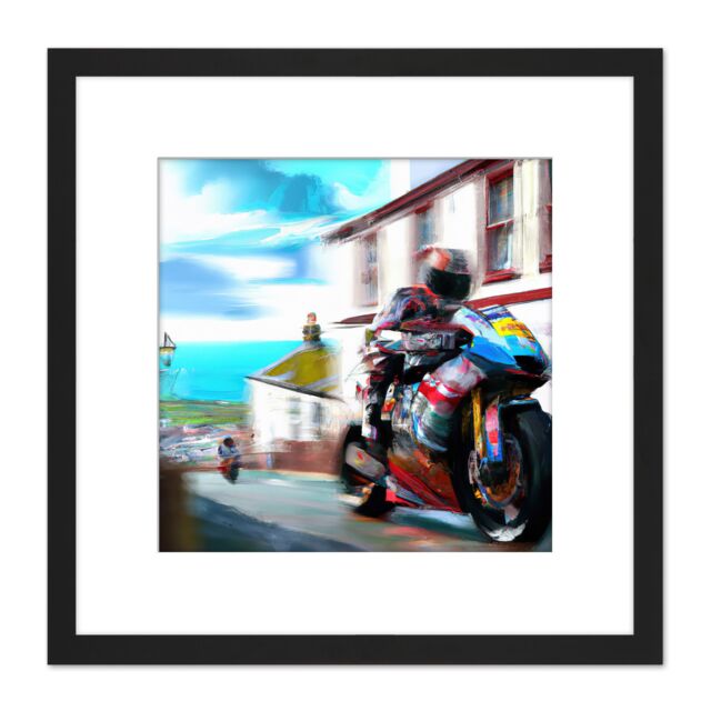 Artery8 Isle of Man Tt Races Motorbike Motorsport Watercolour Street Scene Square Wooden Framed Wall Art Print Picture 8X8 Inch in Black - image 1
