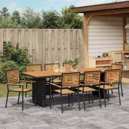 Berkfield Home 9 Piece Garden Dining Set Black Poly Rattan Acacia - thumbnail 4