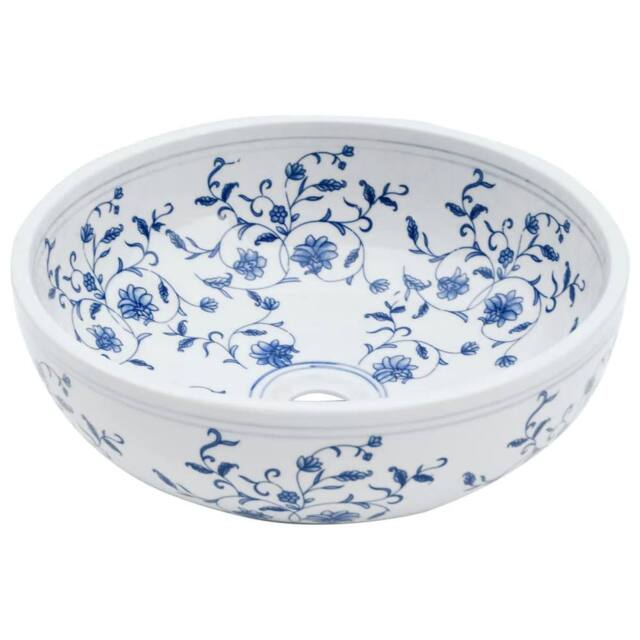 Berkfield Home Durable Countertop Basin White & Blue Round Œ¶41x14 cm Ceramic - Size: 41x14 cm - image 1