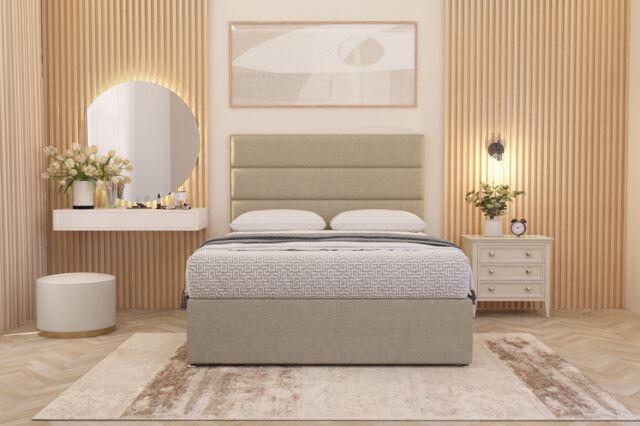Somnior Chambery Linen Fabric Hybrid Pocket Sprung Orthopaedic Divan Bed Set with Upholstered Headboard in Beige - Size: King - image 1
