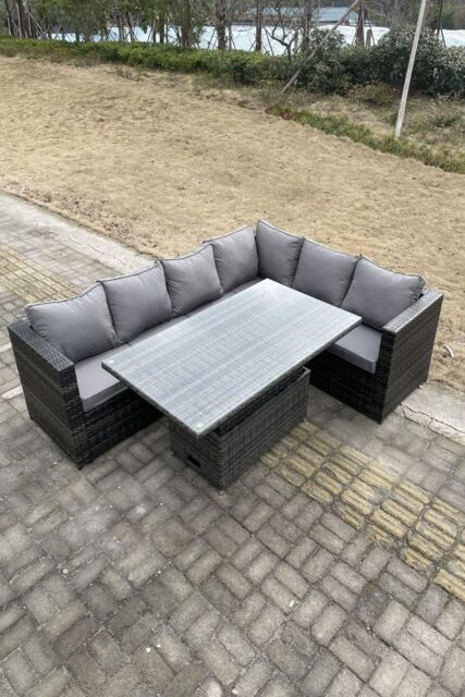 Fimous 6 Seater Rattan Corner Sofa Set Height Adjustable Dining Table With Seat & Back Cushion in Dark Grey - image 1