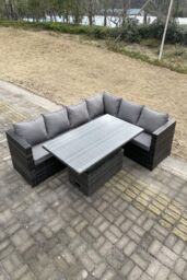 Fimous 6 Seater Rattan Corner Sofa Set Height Adjustable Dining Table With Seat & Back Cushion in Dark Grey - thumbnail 2