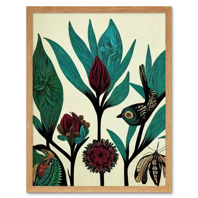 "Artery8 Wall Art Print Abstract Folk Art Leaves Flowers Birds Vintage Style Green Burgundy Cream Black Art Framed in Light Oak - Size: W12"" x H16""" - image 1