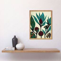 "Artery8 Wall Art Print Abstract Folk Art Leaves Flowers Birds Vintage Style Green Burgundy Cream Black Art Framed in Light Oak - Size: W12"" x H16""" - thumbnail 2