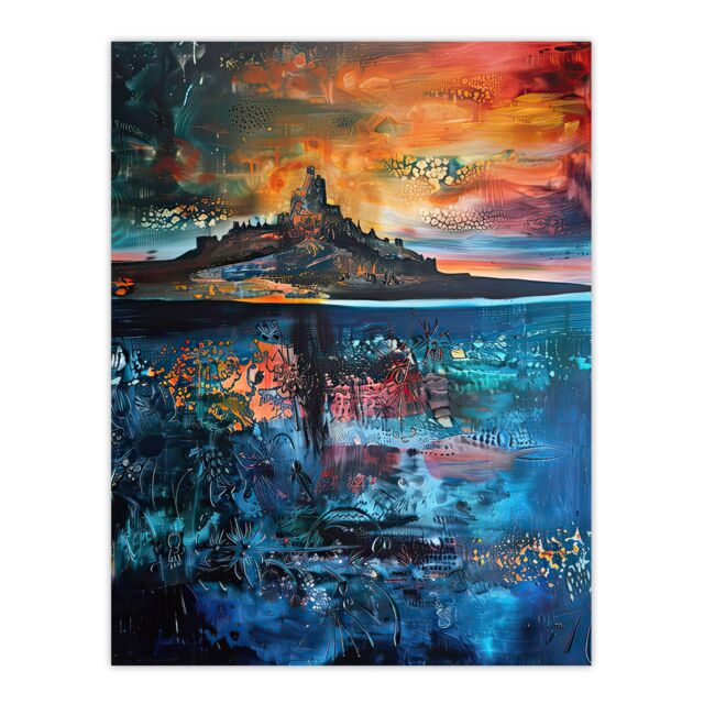 "Artery8 Lindisfarne Castle Holy Island Sunset Abstract Wall Art Print in Blue - Size: W12"" x H16""" - image 1