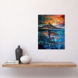 "Artery8 Lindisfarne Castle Holy Island Sunset Abstract Wall Art Print in Blue - Size: W12"" x H16""" - thumbnail 4