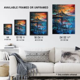 "Artery8 Lindisfarne Castle Holy Island Sunset Abstract Wall Art Print in Blue - Size: W12"" x H16""" - thumbnail 3