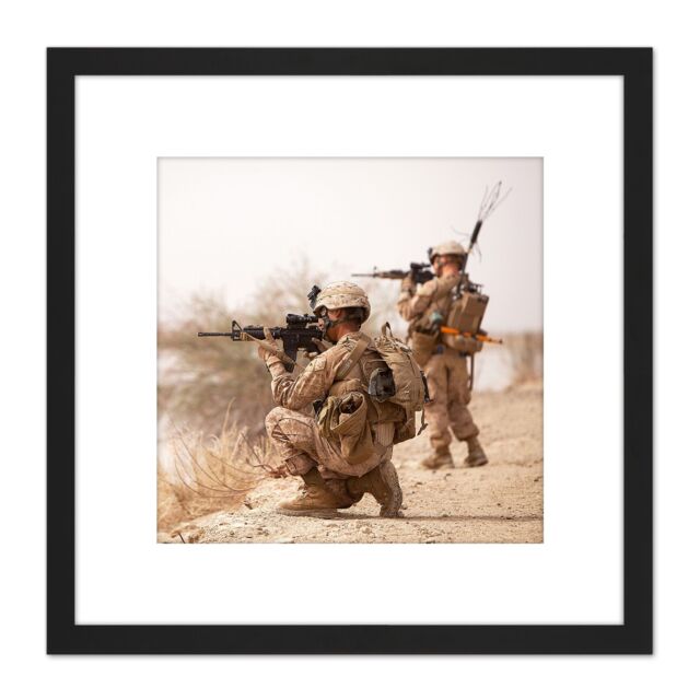 Artery8 Military USA Marines Aiming Weapons Platoon Photo 8X8 Inch Square Wooden Framed Wall Art Print Picture with Mount in Black - image 1