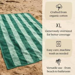 Misona Extra Large Striped Beach Towel - 100% Cotton in Green - thumbnail 3