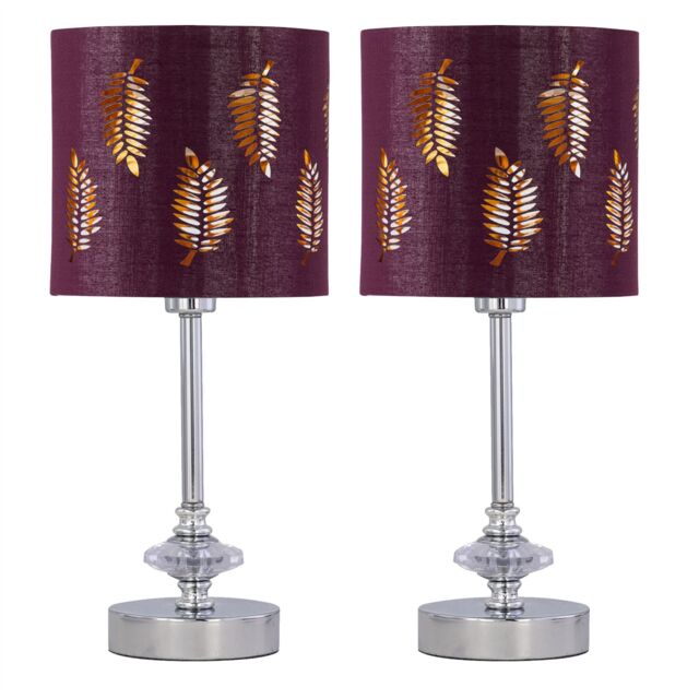 First Choice Lighting Set of 2 Chrome Jewelled Table Lamps with Burgundy Fern Shades in Silver