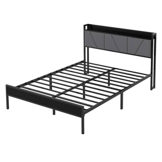 VOGREX Metal Double Bed Frame Linen Upholstered Headboard Storage Platform in Black - image 1