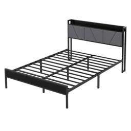 VOGREX Metal Double Bed Frame Linen Upholstered Headboard Storage Platform in Black