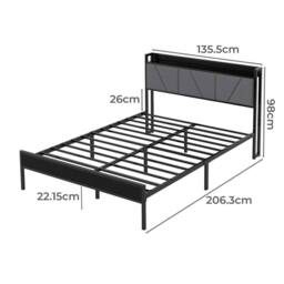 VOGREX Metal Double Bed Frame Linen Upholstered Headboard Storage Platform in Black - thumbnail 2