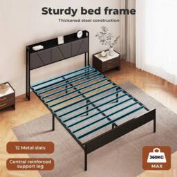 VOGREX Metal Double Bed Frame Linen Upholstered Headboard Storage Platform in Black - thumbnail 4