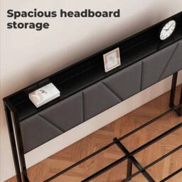 VOGREX Metal Double Bed Frame Linen Upholstered Headboard Storage Platform in Black - thumbnail 3