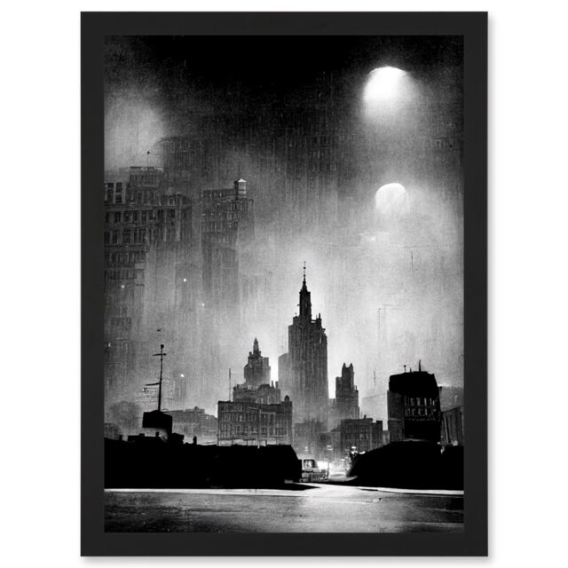 Artery8 1950s Black & White New York Rainy Mist Cityscape Artwork Framed Wall Art Print A4 - image 1