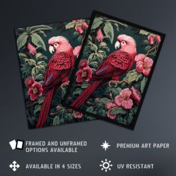 "Artery8 Wall Art Print Parrot on Blooming Flower Tree Branch Vintage Painting Burgundy Pink Green Jungle Bird Portrait Poster - Size: W18"" x H24""" - thumbnail 2