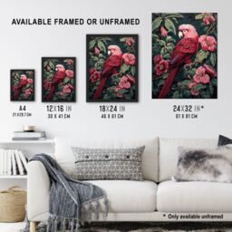 "Artery8 Wall Art Print Parrot on Blooming Flower Tree Branch Vintage Painting Burgundy Pink Green Jungle Bird Portrait Poster - Size: W18"" x H24""" - thumbnail 3