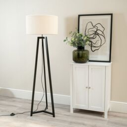 ValueLights Lottie Black Wood Tripod Floor Lamp with Boucle Drum Shade in Cream - thumbnail 3