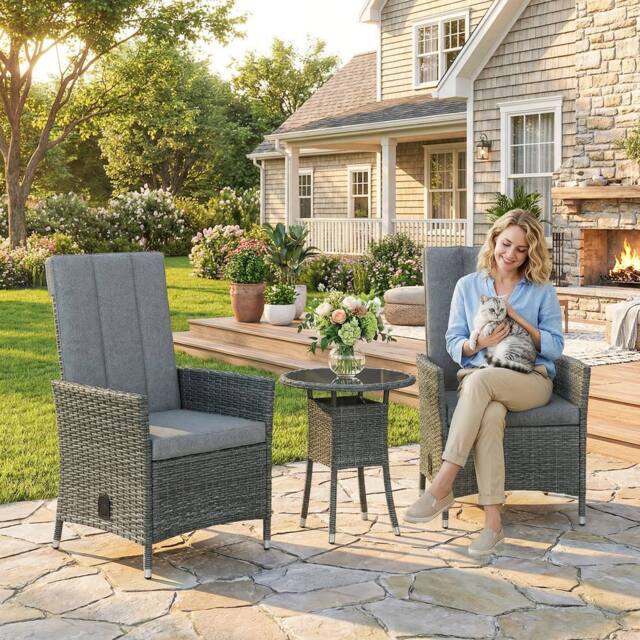OUTSUNNY Rattan Bistro Set, Reclining Garden Chairs & Table in Grey - image 1