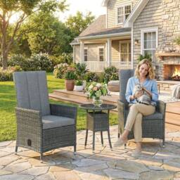 OUTSUNNY Rattan Bistro Set, Reclining Garden Chairs & Table in Grey - thumbnail 1