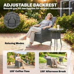 OUTSUNNY Rattan Bistro Set, Reclining Garden Chairs & Table in Grey - thumbnail 4