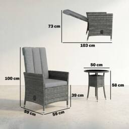 OUTSUNNY Rattan Bistro Set, Reclining Garden Chairs & Table in Grey - thumbnail 3