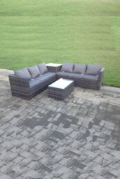 Fimous Rattan Corner Sofa Set Outdoor Oblong Coffee Table Set Patio Furniture With Cushions in Dark Grey - thumbnail 1