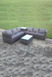 Fimous Rattan Corner Sofa Set Outdoor Oblong Coffee Table Set Patio Furniture With Cushions in Dark Grey - thumbnail 4