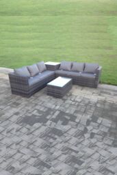 Fimous Rattan Corner Sofa Set Outdoor Oblong Coffee Table Set Patio Furniture With Cushions in Dark Grey - thumbnail 3