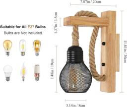 Goeco Wall Light Indoor Wood Vintage Wall Lamp Retro Hemp Rope Wall Lamp E27 in Natural - thumbnail 5