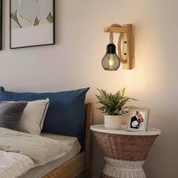 Goeco Wall Light Indoor Wood Vintage Wall Lamp Retro Hemp Rope Wall Lamp E27 in Natural - thumbnail 1