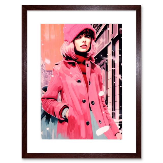 "Artery8 Wall Art Print Downtown Woman in Retro Pink City Fashion Artwork Framed 9X7 Inch in Brown - Size: W7"" x H9""" - image 1
