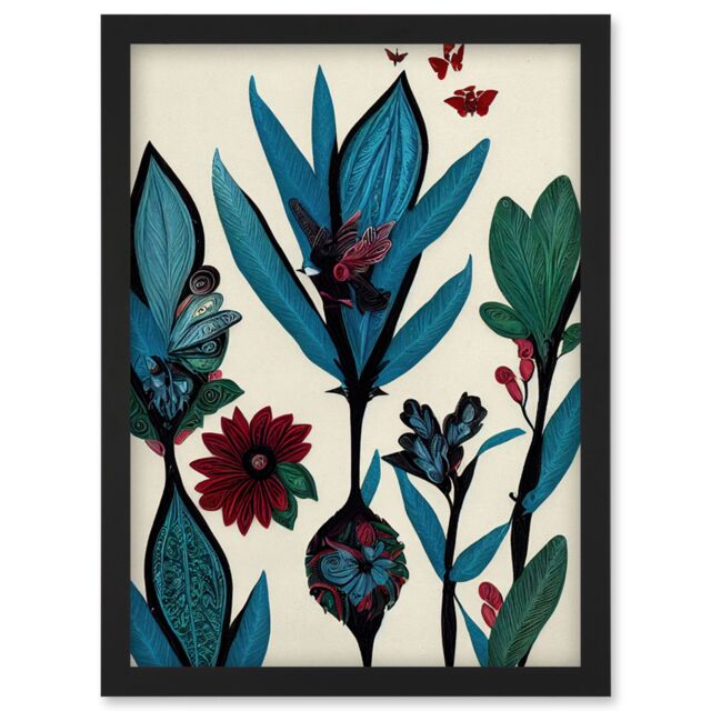 Artery8 Abstract Paper Quilling Floral Blooms Flowers Butterflies Blue Burgundy Green Cream Artwork Framed Wall Art Print A4 in Black - image 1