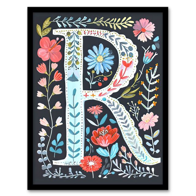 "Artery8 Women's Wall Art Print Letter R in Bright Watercolour Flowers Cute Floral Word Art Framed - Size: W12"" x H16""" - image 1