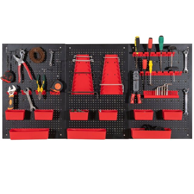 Costway Pegboard Wall Organizer 9-Bin Parts Rack Organizer w/ Hammer Racks in Red - image 1
