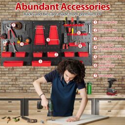 Costway Pegboard Wall Organizer 9-Bin Parts Rack Organizer w/ Hammer Racks in Red - thumbnail 8