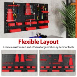 Costway Pegboard Wall Organizer 9-Bin Parts Rack Organizer w/ Hammer Racks in Red - thumbnail 2