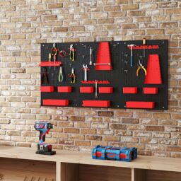 Costway Pegboard Wall Organizer 9-Bin Parts Rack Organizer w/ Hammer Racks in Red - thumbnail 6