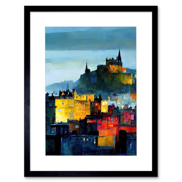 "Artery8 Colourful Modern Edinburgh Castle Cityscape Acrylic Framed Art Print - Size: W12"" x H16""" - image 1