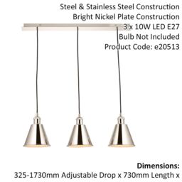 Loops Bright Nickel Three Light Ceiling Pendant & White Inner Shade Knurled Detailing in Metallics - thumbnail 2