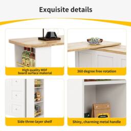 Rolipo 360° Swivel Bar Table White Kitchen Island with 3 Drawers & Castors - thumbnail 8